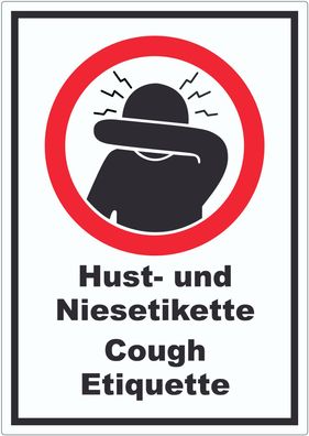 Husten und Niesetikette beachten Cough Etiquette Symbol und Text Aufkleber