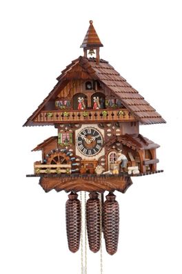 Traditionelle Kuckucksuhr "Das Holzfällerhaus" aus Holz, H 47 cm mechanisches Uhrwerk