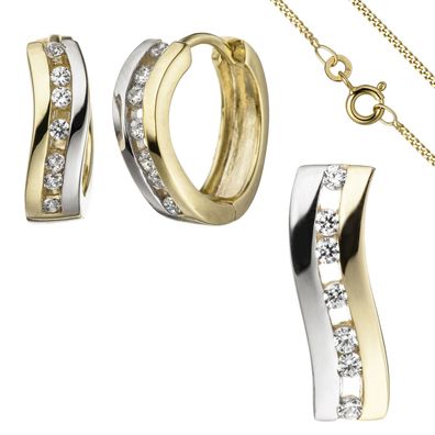 Echt. Nobel. Schmuck-Set geschwungen 333 Gold Gelbgold bicolor Zirkonia mit Ke