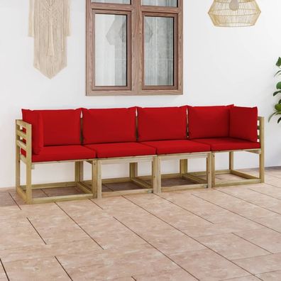 vidaXL Gartensofa 4-Sitzer mit Kissen in Rot