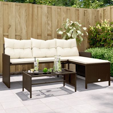 vidaXL Gartensofa in L-Form mit Tisch und Kissen Braun Poly Rattan