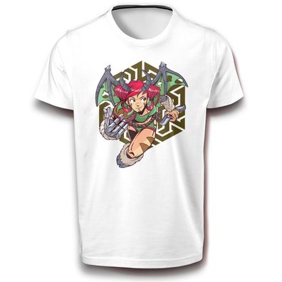 Anime Dämon Frau Mädchen mit Hörner Waffe Krieger Japan Manga T-Shirt Baumwolle