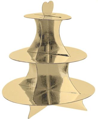 Karton Servier Etagere 34 cm m. 3 Ablagen - gold - Muffin Gebäck Papp Ständer