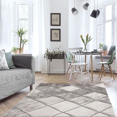 Teppich Wohnzimmer – Grau - Kurzflor - Boho Design Karo Muster Vintage Modern