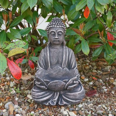 Buddha-Figur mit Lotusblüten-Schale antike Farbgebung H. 30 cm, 6 kg frostsicher