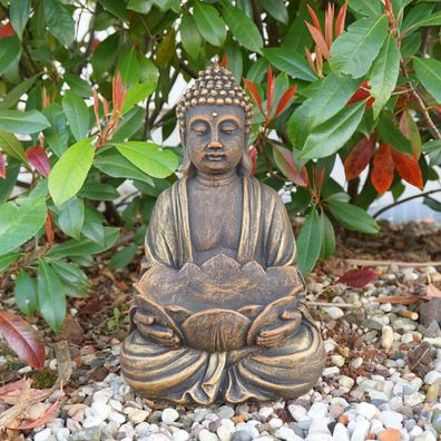 Buddha mit Lotusblüten-Schale in exklusiver Farbgebung H. 30 cm 6 kg frostsicher