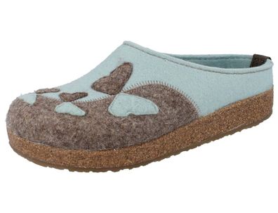 Haflinger Grizzly Mariposa Damen Hausschuhe aquamarin mit Schmetterlingen Wollfilz