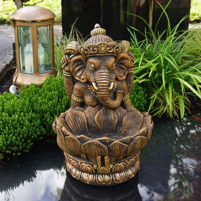 Steinfigur des göttlichen Ganesha mit Schale (Gold) 34 cm Steinguss frostsicher