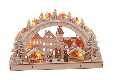 LED Holz Schwibbogen 45x28 cm - Motiv Weihnachtsmarkt - Lichterbogen Fensterdeko