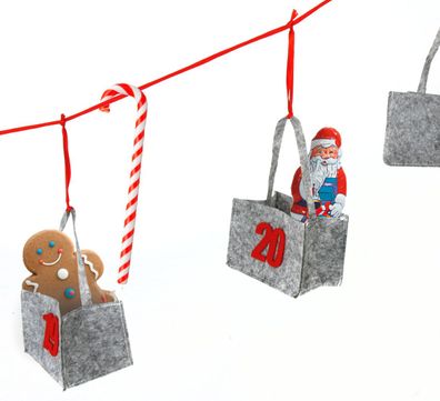 Adventskette mit 24 Filztaschen auf Schnur - Länge 5m - DIY Adventskalender grau