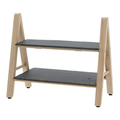 Schiefer Etagere mit 2 Etagen 36cm - Etagenständer Servierplatte mit Holzgestell