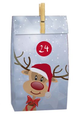 Adventskalender Motiv Rentier - 24 Papiertüten + Klammer + Sticker DIY befüllen