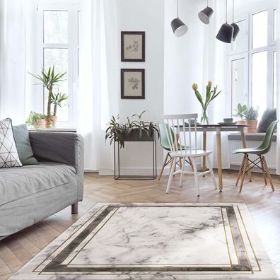 Teppich Wohnzimmer – Grau Gold - Kurzflor -Vintage Bordüre Meliert Muster Modern