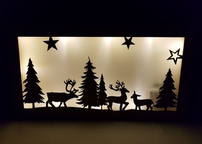 LED Weihnachtsdeko Hirschfamilie 35cm - Holz Wanddeko beleuchtet Hologramm Folie