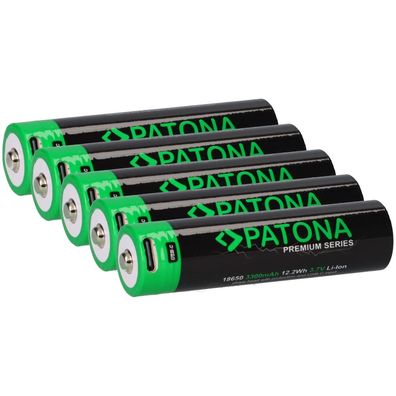 5x PATONA Premium 18650 Zelle Li-Ion Akku + USB-C Input 3,7V 3300mAh