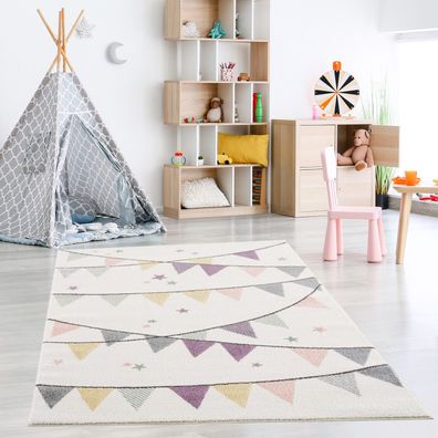 Teppich Kinderzimmer - Cream – Wimpel Girlande - Sterne Kurzflor Kinderteppich