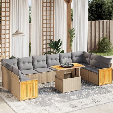 vidaXL 11-tlg. Garten-Sofagarnitur mit Kissen Beige Poly Rattan