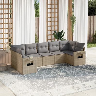 vidaXL 7-tlg. Garten-Sofagarnitur mit Kissen Beige Poly Rattan