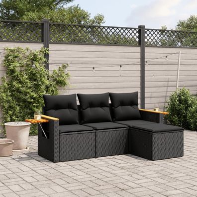 vidaXL 4-tlg. Garten-Sofagarnitur mit Kissen Schwarz Poly Rattan