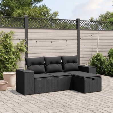 vidaXL 4-tlg. Garten-Sofagarnitur mit Kissen Schwarz Poly Rattan