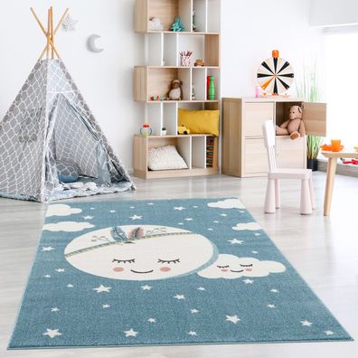 Teppich Kinderzimmer - Blau-Mond Wolke Sterne - Himmel- Kurzflor Kinderteppich