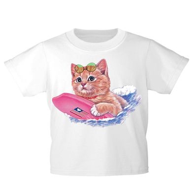 Kinder T-Shirt mit Print Cat Katze auf Surfbrett KA074/1 Gr. weiß / 152/164