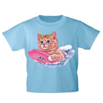 Kinder T-Shirt mit Print Cat Katze auf Surfbrett KA074/1 Gr. hellblau / 152/164