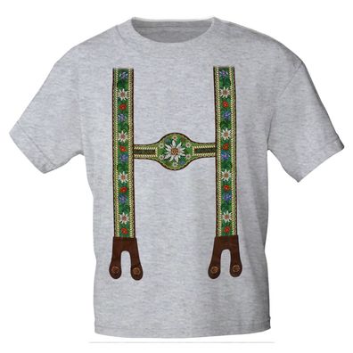 T-Shirt mit Print - Lederhose Hosenträger Blumen Edelweiß - 10640 Gr. grau / S