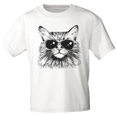 T-Shirt Print - Katze Cat mit Brille (keep cool) - 12847 weiß Gr. S-3XL