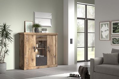 PORTUM 081 Highboard Front: ekor Lamellen Flagstaff Eiche-Anthrazit