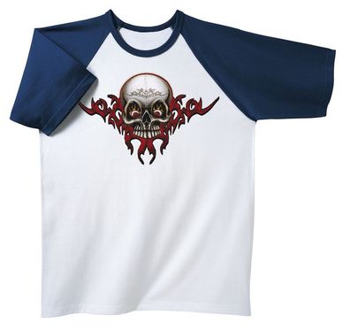 T-Shirt unisex mit Print - Totenkopf Tattoo - 09595 blau-weiß - Gr. S-XXL