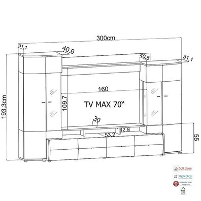 TRENDY VA-01 Wohnkombination 4-teilig Front: eiß-Anthrazit MDF Hochglanz Tiefgezog