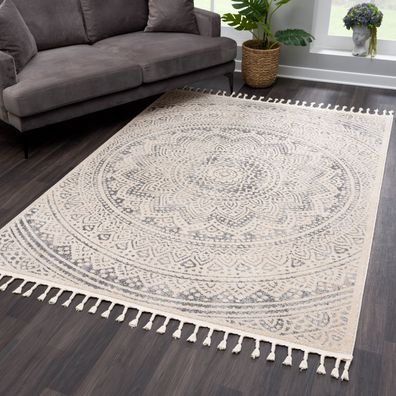 Teppich Wohnzimmer Grau Kurzflor mit Fransen - Orientalisch Mandala - Klassisch