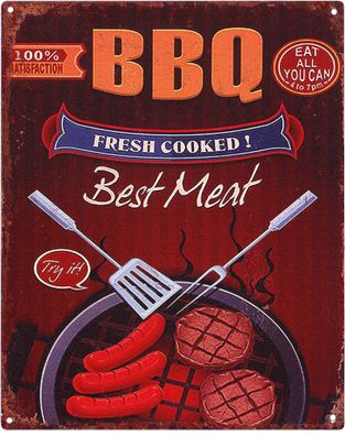 Deko Blechschild BBQ Mest Meat Frsh Cooked 20 x 25 Vintage-Design Metall Schild