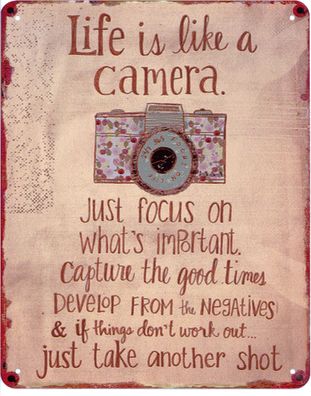 Deko Blechschild Life is like a Camera 20 x 25 Vintage-Design Metall Schild