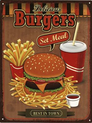 Retro Deko Blechschild Delicious Burgers Lecker Vintage-Design Metall Schild