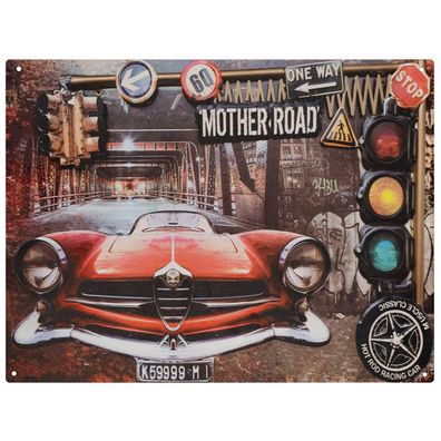 Blechschild 33 x 25 cm Mother Road Red Car Retro Vintage Tin sign Wand Deko