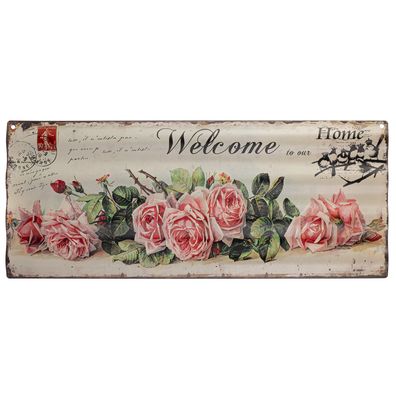 Blechschild 59 x 24 cm Welcome Home Rosen Willkommen Zuhause Retro Vintage Wand
