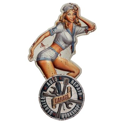 Blechschild 36 x 60 cm PinUp Girl Marine Frau Garage Auto Repair Retro Vintage