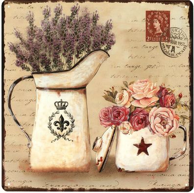 Deko Blechschild Lavendel Blumen Kanne 30x30 Vintage-Design Metall Deko Schild