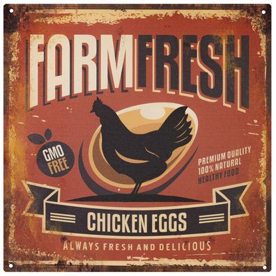 Blechschild 30 x 30 cm Farm Fresh Chicken Eggs Retro Vintage Tin sign Wand Deko