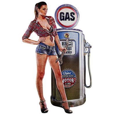 Blechschild 40 x 65 cm Gas Benzin Tankstelle Zapfsäule Frau Car Girl Retro