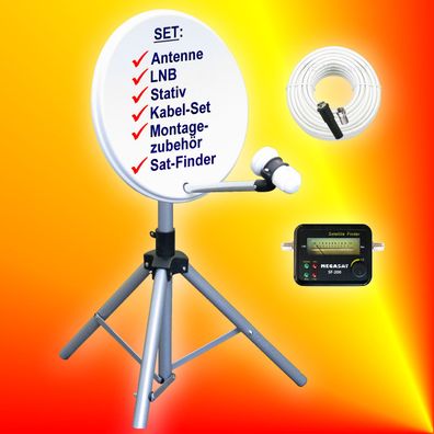 Mobile Sat Anlage: Dreibein-Stativ, 40cm Spiegel, LNB, Sat-Finder, Anschluss-Set