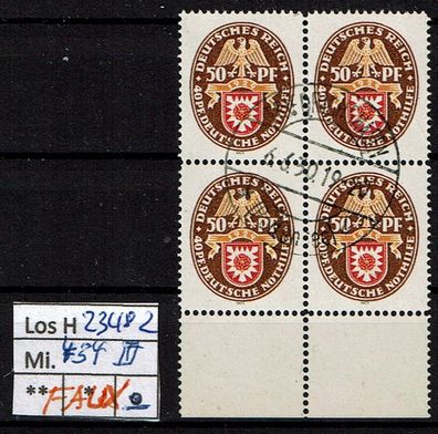 Los H23482: Deutsches Reich Mi. 434, gest. Vierblock, Fälschung "FAUX"