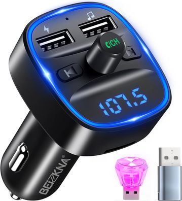 Bluetooth 5.3 FM Transmitter KFZ Bluetooth Adapter Auto Radio 2 USB Anschlüsse