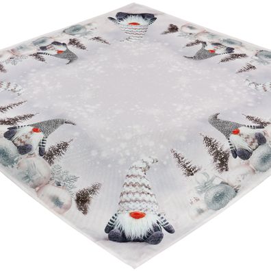 Tischdecke Weihnachten 85x85 Wichtel Hellgrau Mitteldecke Winter Decke Schnee