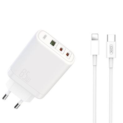 XO Wandladegerät CE04 PD 65W QC 45W 1x USB 2x USB-C weiß + USB-C - iPhone-Kabel