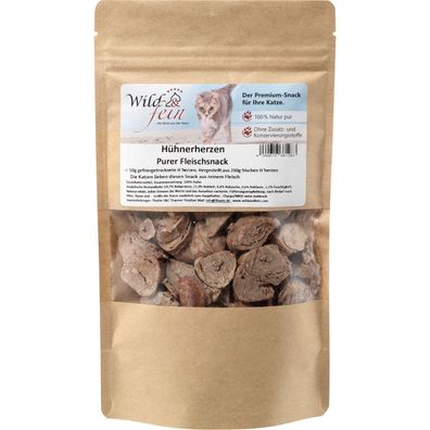 Wild & Fein Hühnerherzen - Snack für Katzen, gefriergetrocknet - 50g