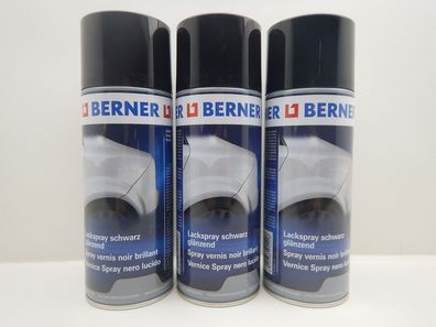 3x Berner Lackspray Spraydose Schwarz Glänzend Kfz RAL 9005 Glanzlack 400ml