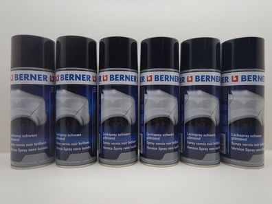 6x Berner Lackspray Spraydose Schwarz Glänzend Kfz RAL 9005 Glanzlack 400ml